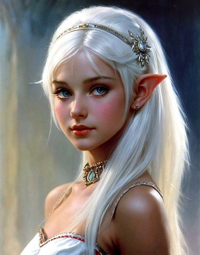Fantasy elf illustration with white hair and tiara