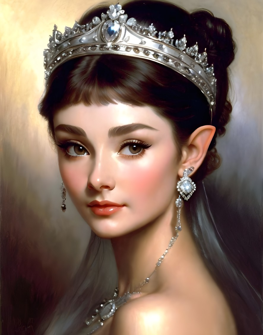 Young woman with elfin ears in jeweled crown and earrings, styled updo