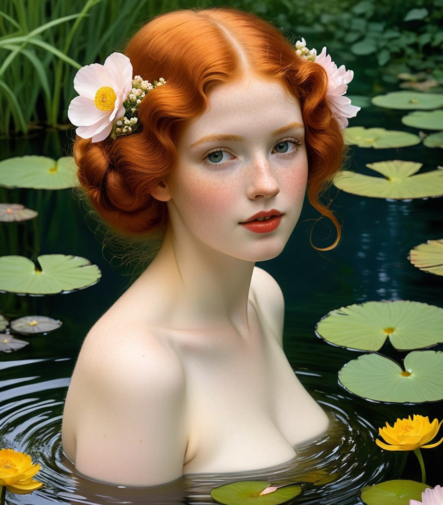 Young woman with red hair in serene pond setting