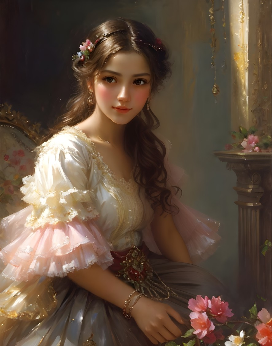 Portrait of Woman with Rosy Cheeks and Flower Hair, Vintage White Dress