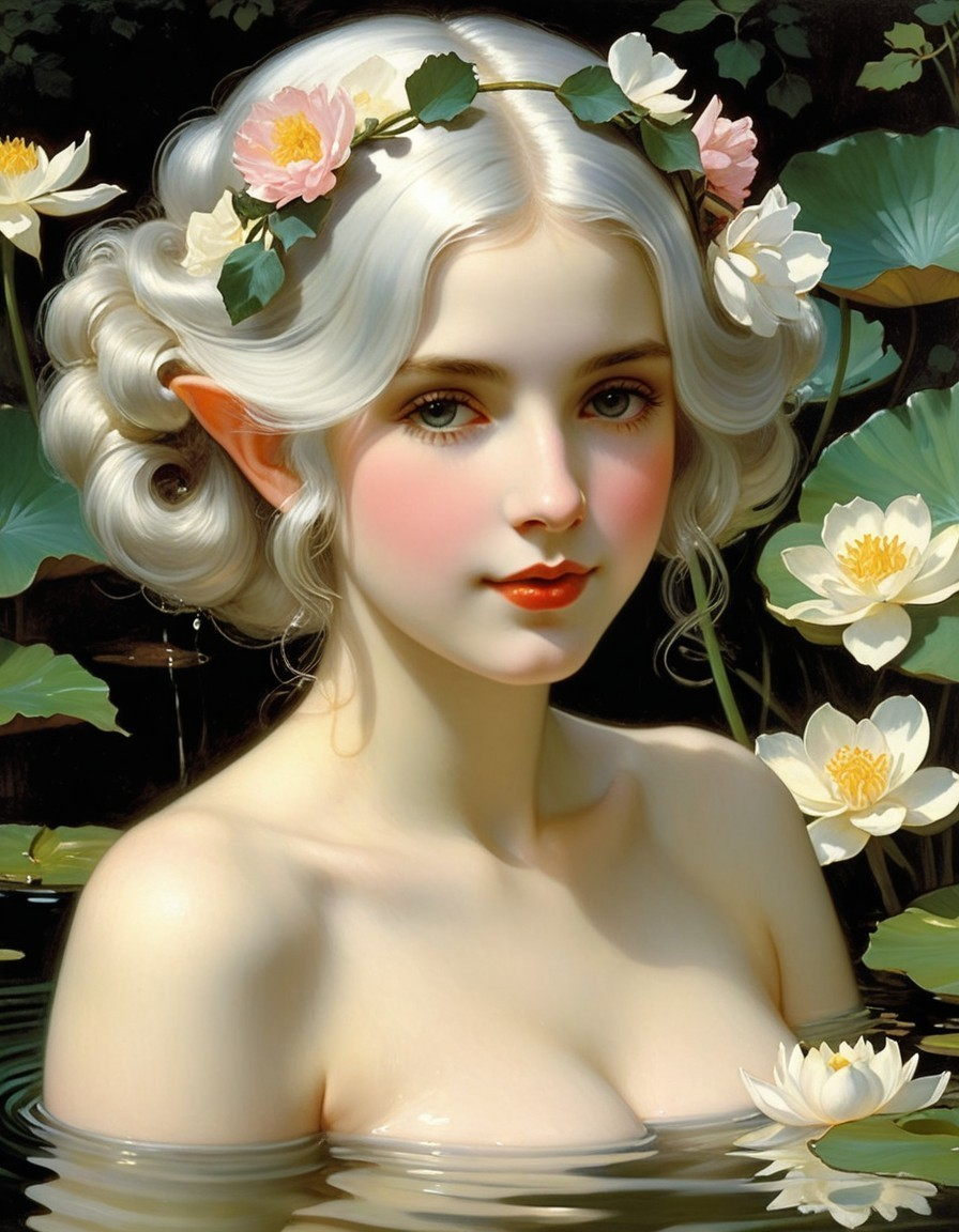 Serene Young Woman in Tranquil Pond with Lotus Flowers