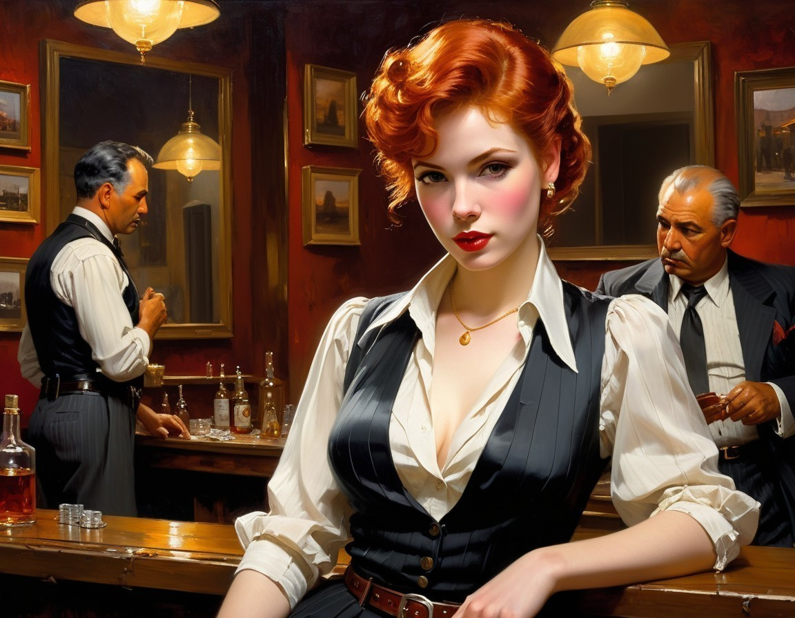 Striking Woman in Vintage Outfit at Dimly Lit Bar