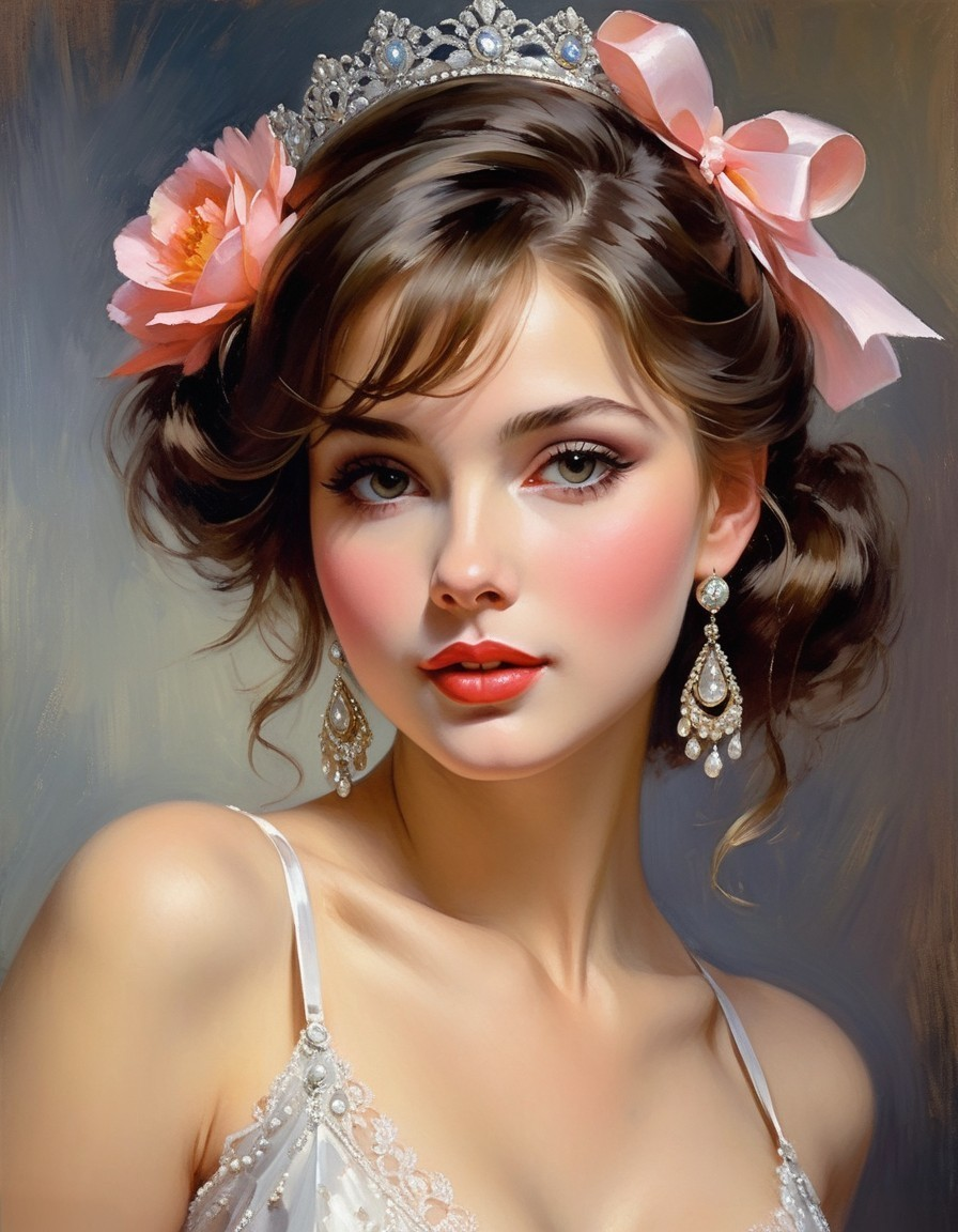 Young woman in tiara and pink bows with elegant attire