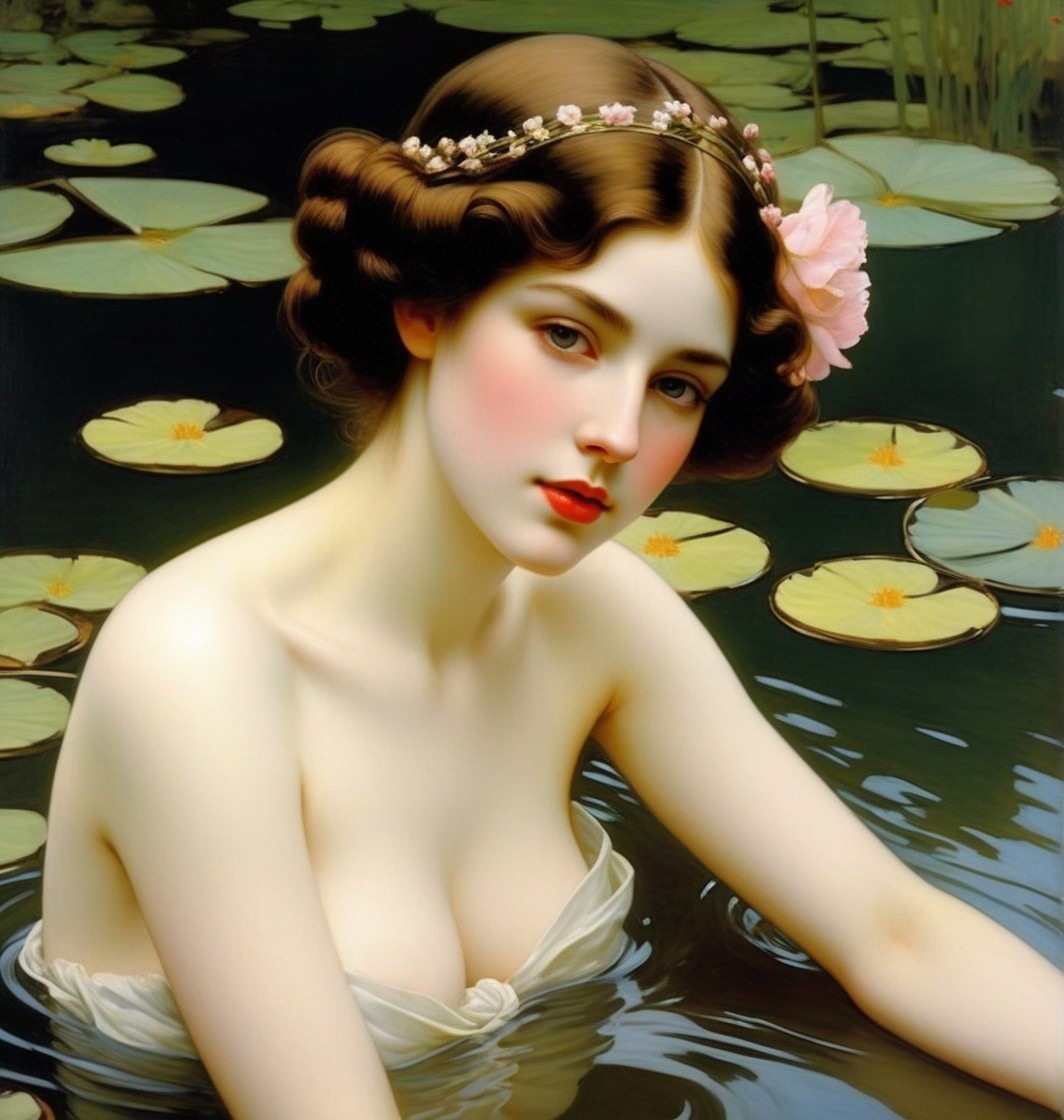 Serene Young Woman in Tranquil Waters with Lily Pads