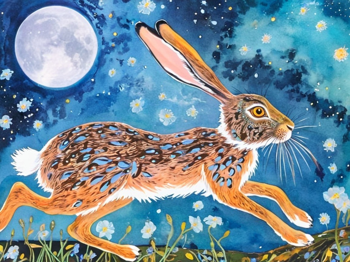 Watercolor Painting of Brown Hare Leaping at Night