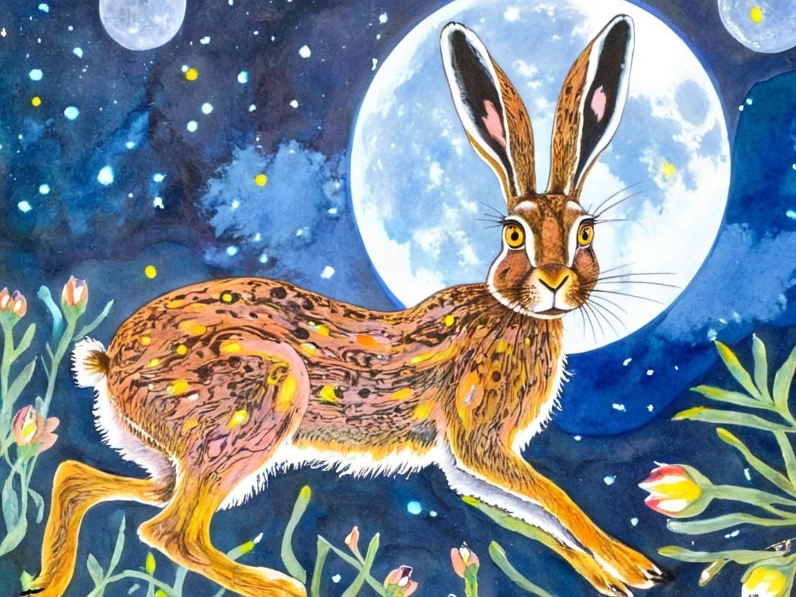 Whimsical Illustration of a Brown Hare at Night