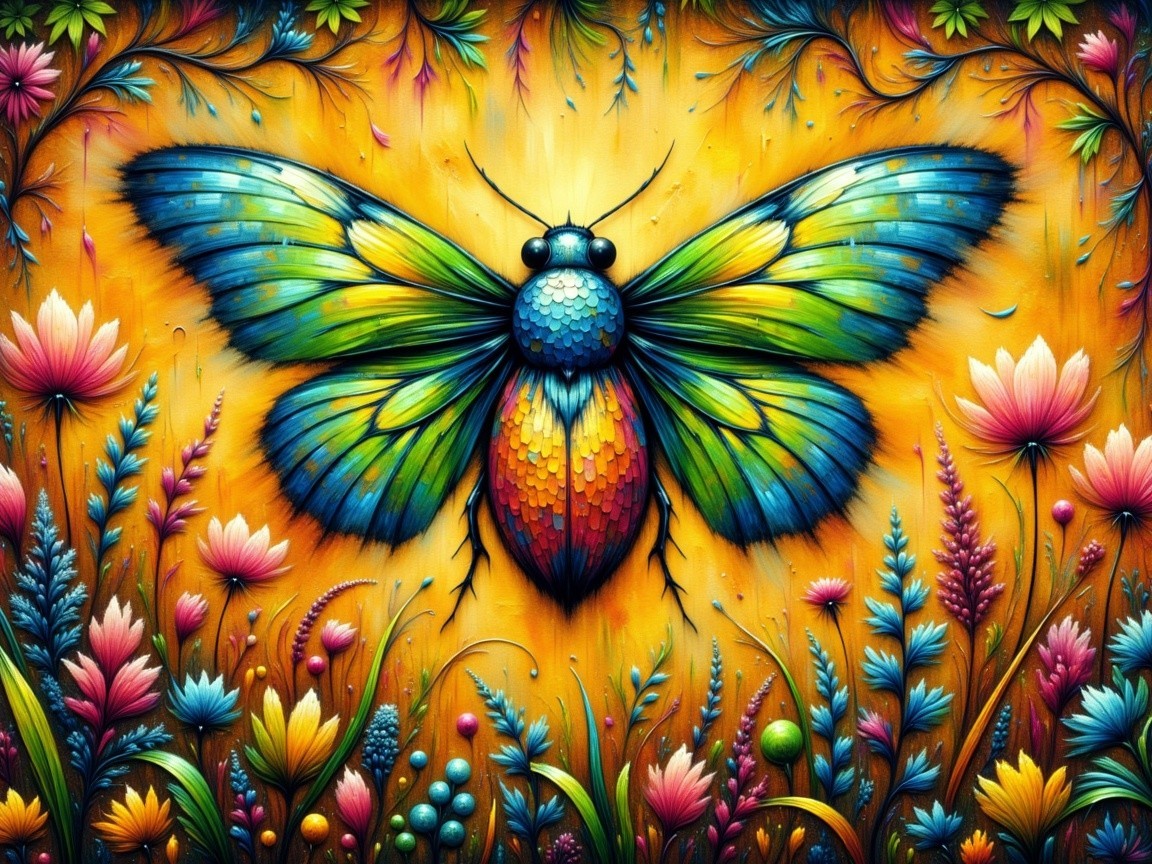Vibrant Butterfly in Floral Landscape Artwork