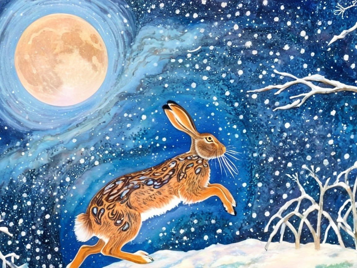 Vibrant Winter Scene with Hare and Full Moon