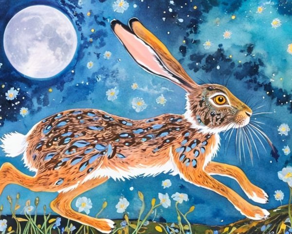 Watercolor Painting of Brown Hare Leaping at Night