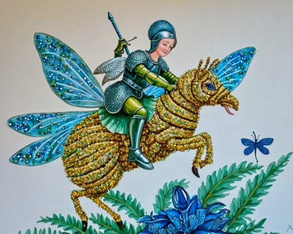 Young Knight on Insect Steed in Whimsical Illustration