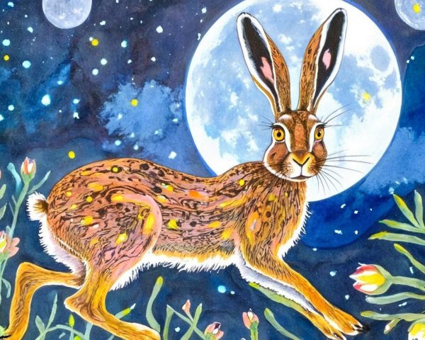 Whimsical Illustration of a Brown Hare at Night