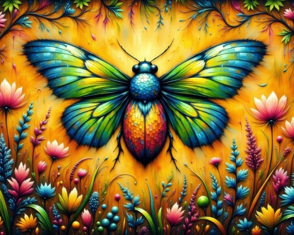 Vibrant Butterfly in Floral Landscape Artwork