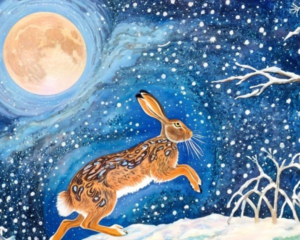 Vibrant Winter Scene with Hare and Full Moon