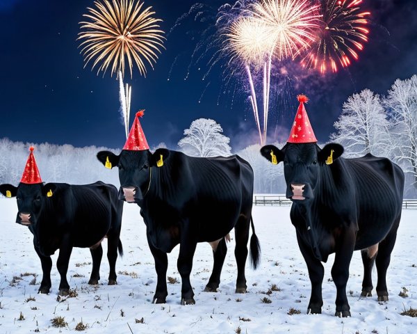 Black Cows in Snowy Field with Fireworks Display
