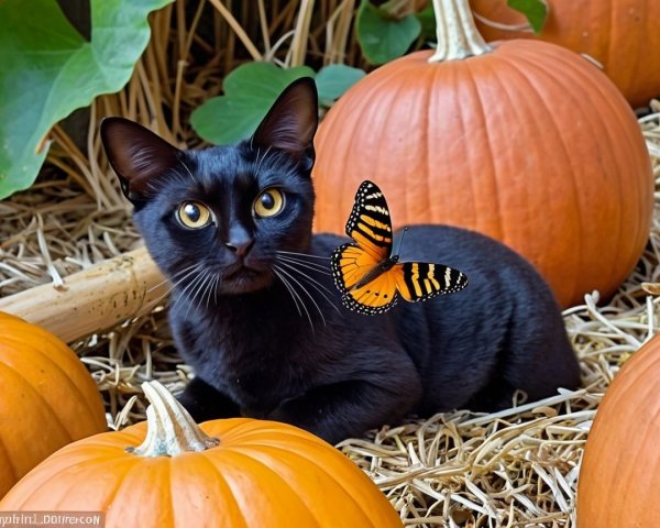 Black Cat with Pumpkins and Butterfly in Autumn Setting