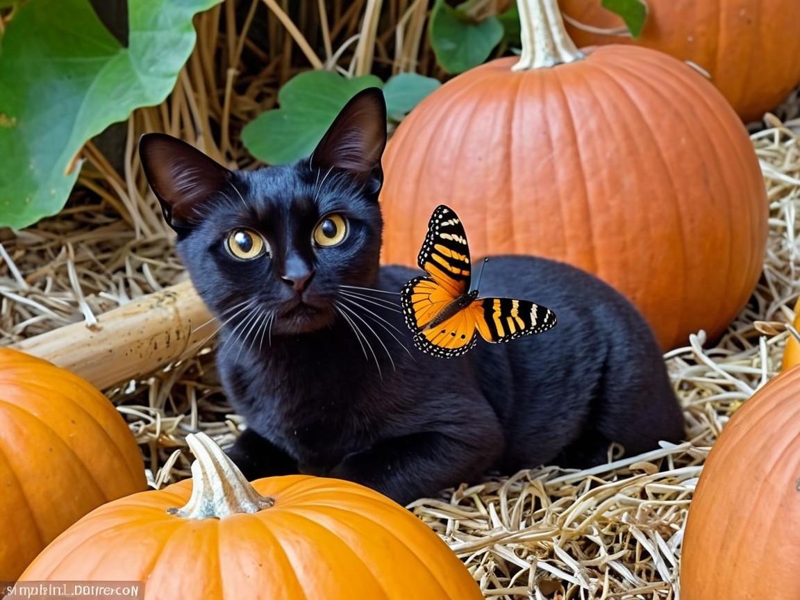 Black Cat with Pumpkins and Butterfly in Autumn Setting