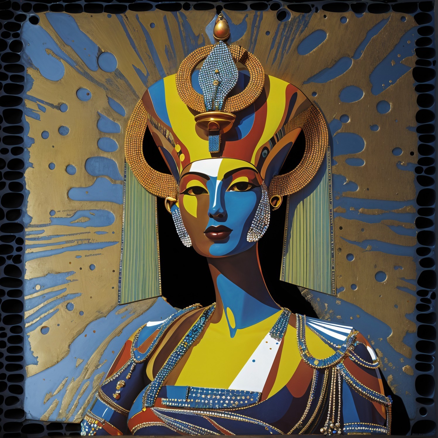 Stylized Ancient Egyptian Queen in Vibrant Regalia