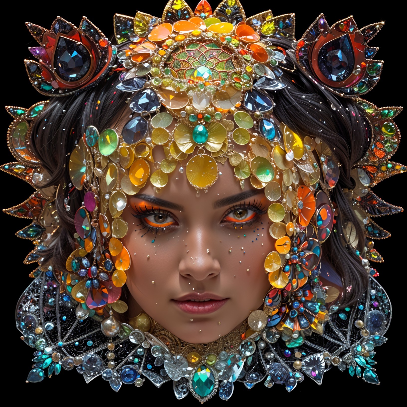 Portrait of a woman with colorful gemstone headpiece