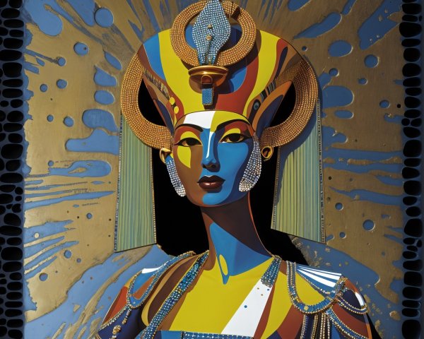 Stylized Ancient Egyptian Queen in Vibrant Regalia