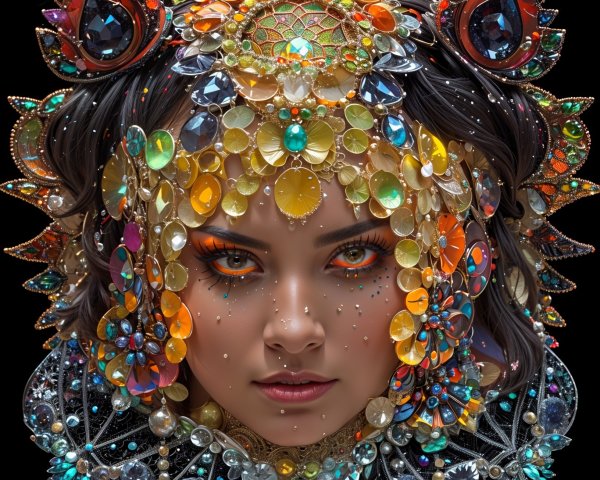 Portrait of a woman with colorful gemstone headpiece