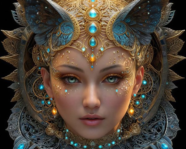 Close-Up Portrait of a Woman with Golden Headpiece