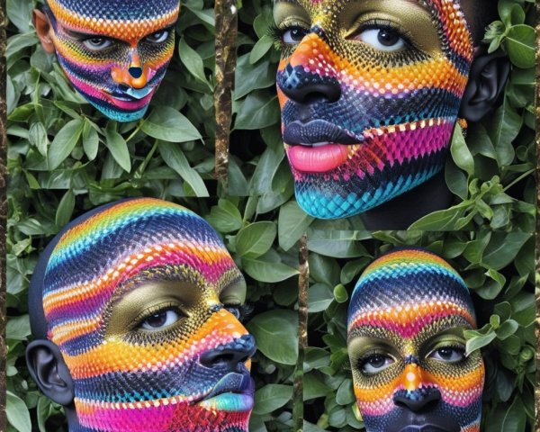Vibrant Face and Body Art with Geometric Patterns