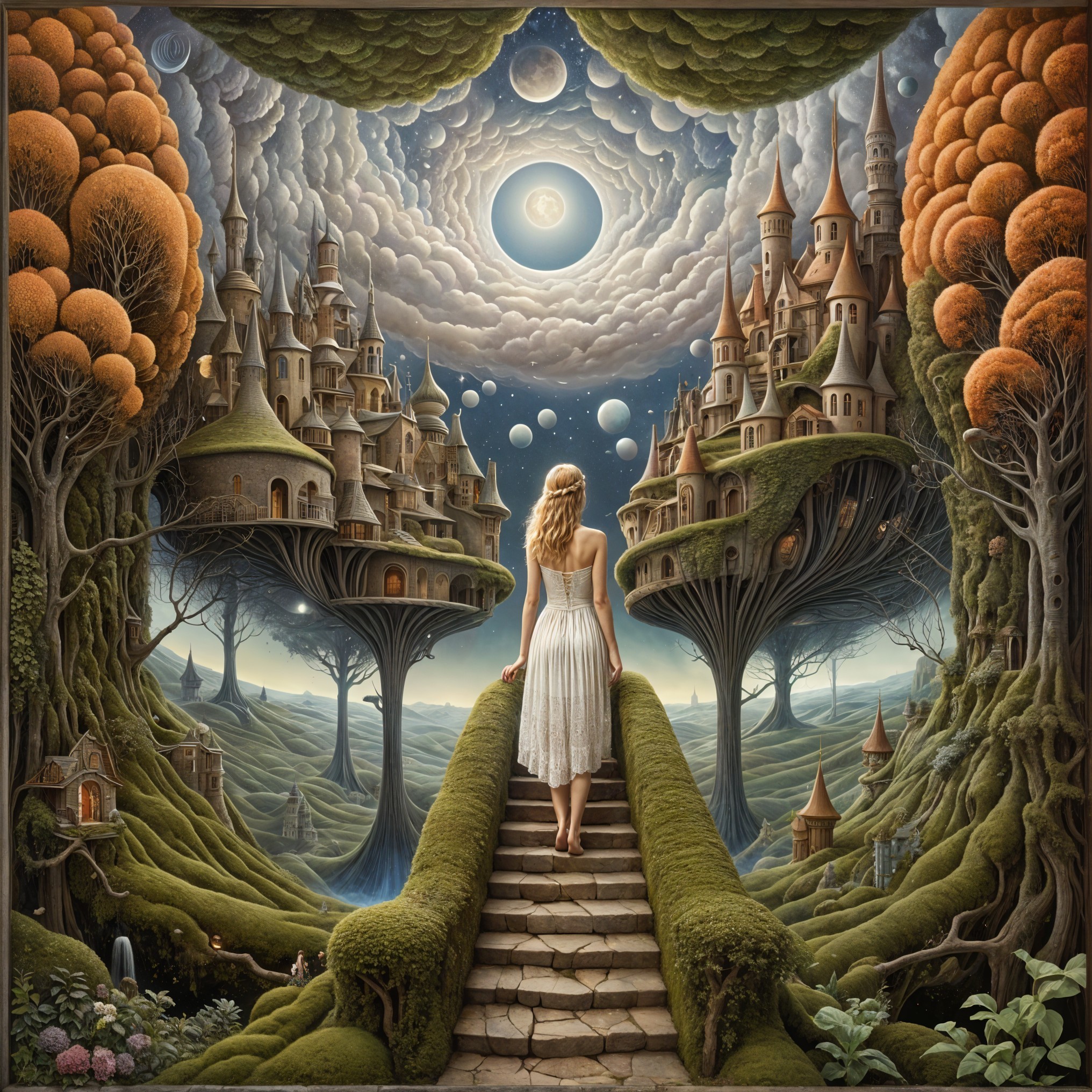 Woman in White Dress on Moss-Covered Staircase