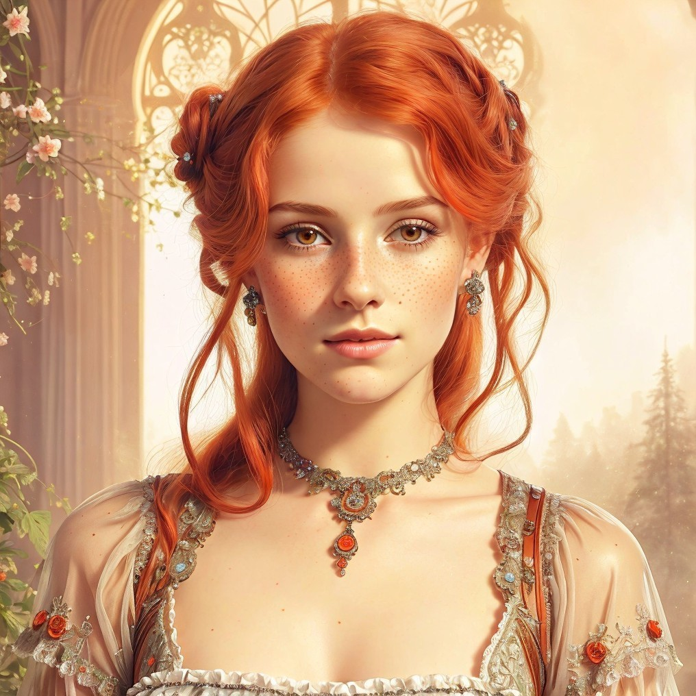 Young woman with red hair in a garden setting