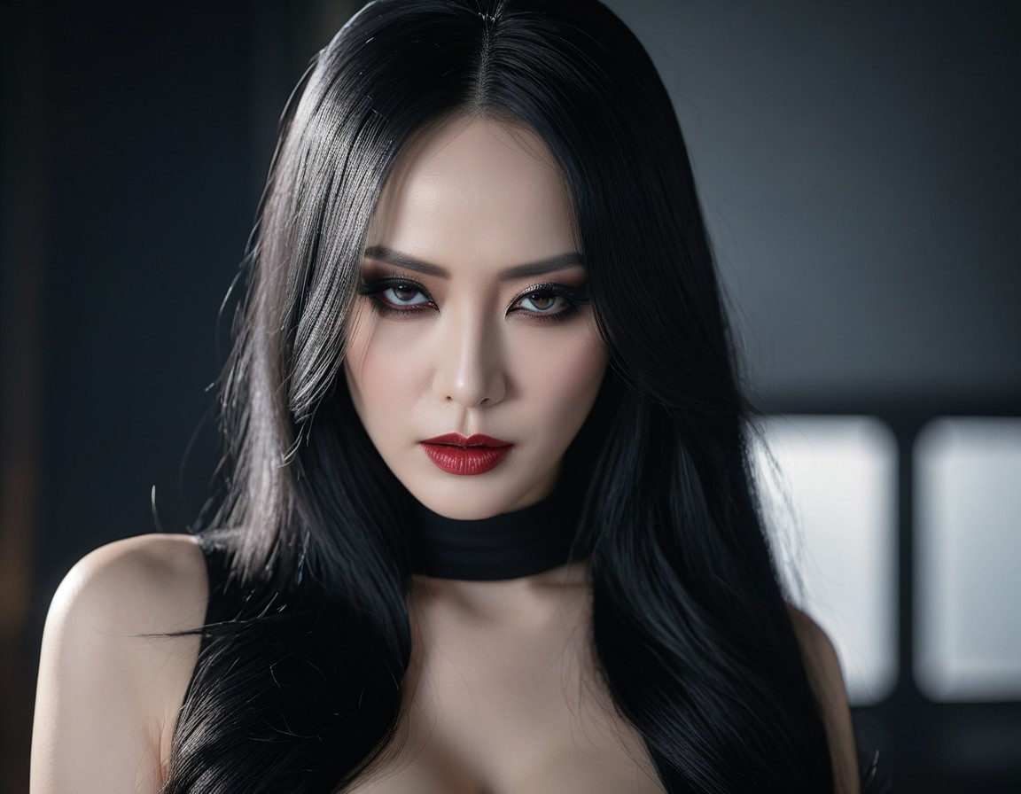 Portrait of a Woman with Black Hair and Bold Makeup