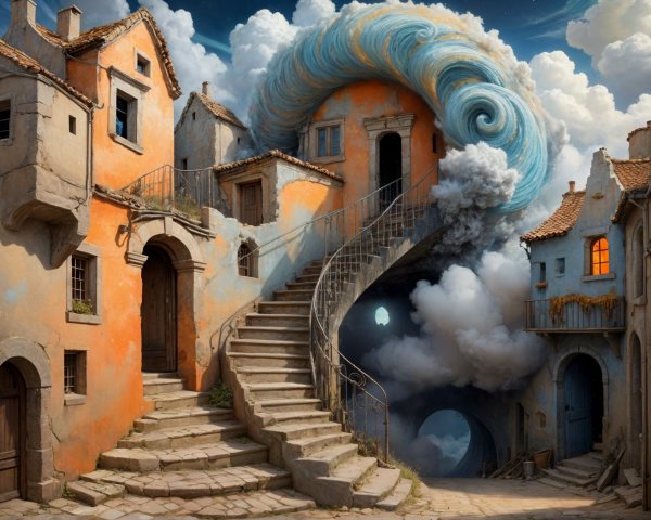 Whimsical Village Scene with Surreal Wave and Glow