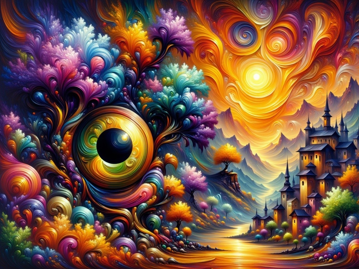 Surreal Landscape with Colorful Eye and Enchanting Village