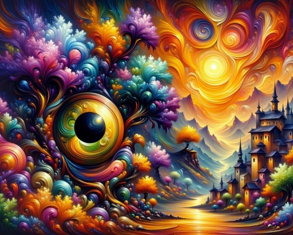 Surreal Landscape with Colorful Eye and Enchanting Village