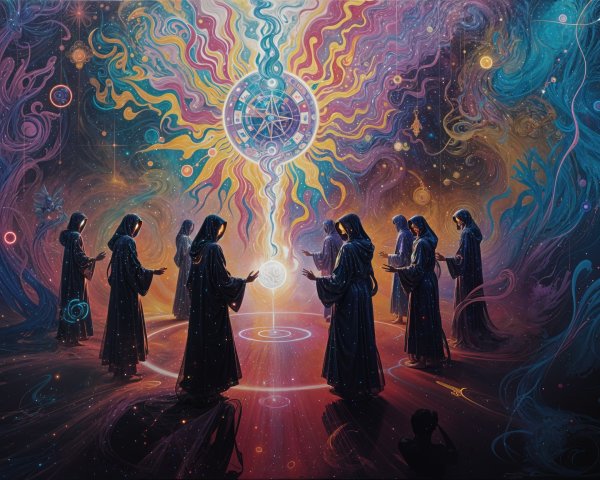 Hooded Figures in Cosmic Landscape Ritual Scene