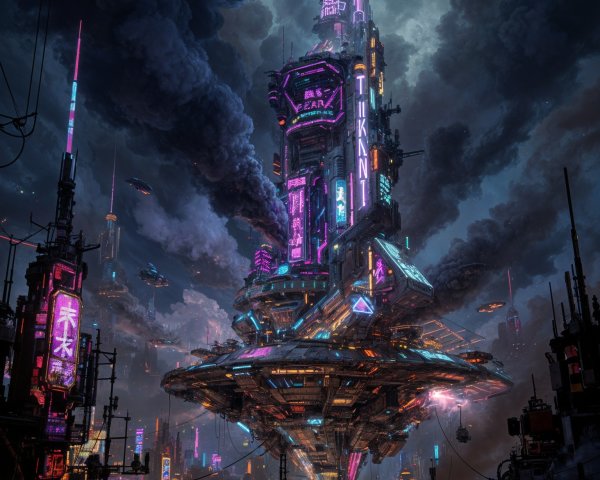 Futuristic skyscraper with neon lights and spacecraft