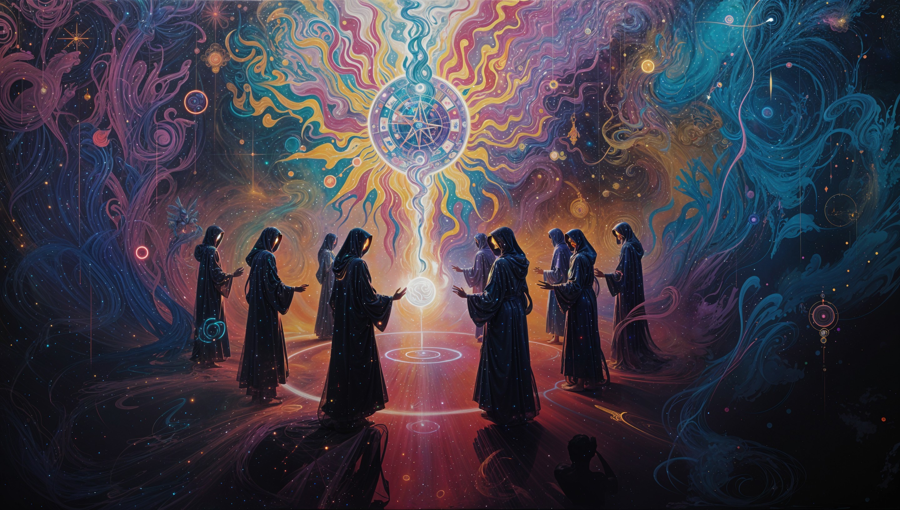 Hooded Figures in Cosmic Landscape Ritual Scene