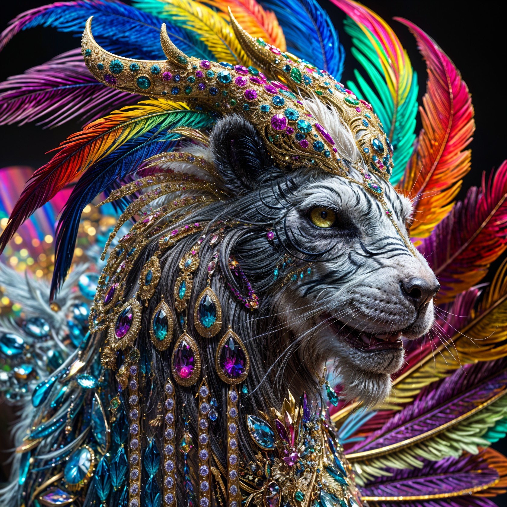 Majestic Tiger-Mythical Creature with Feathers and Jewels