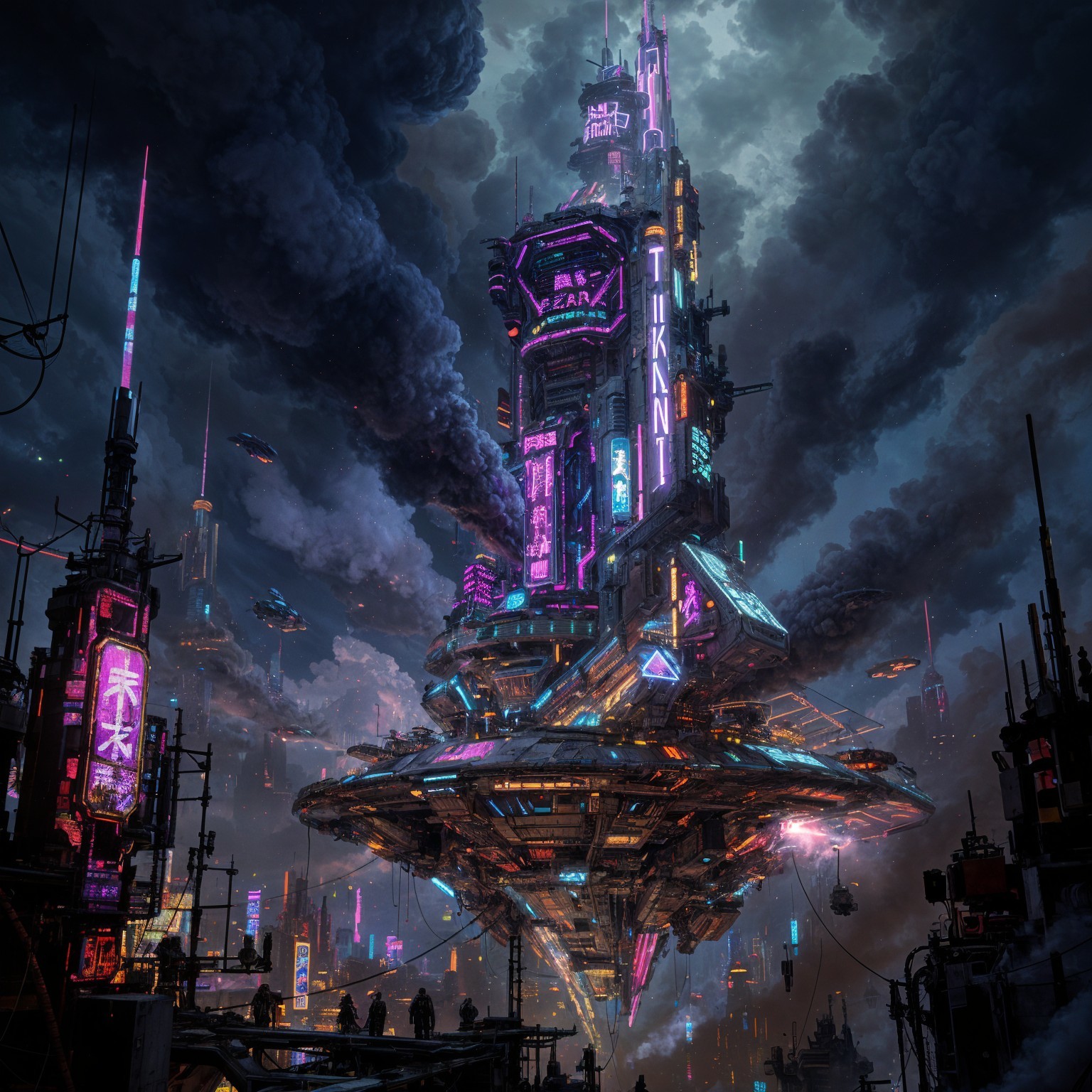 Futuristic skyscraper with neon lights and spacecraft