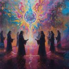 Hooded Figures in Cosmic Landscape Ritual Scene