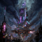 Futuristic skyscraper with neon lights and spacecraft