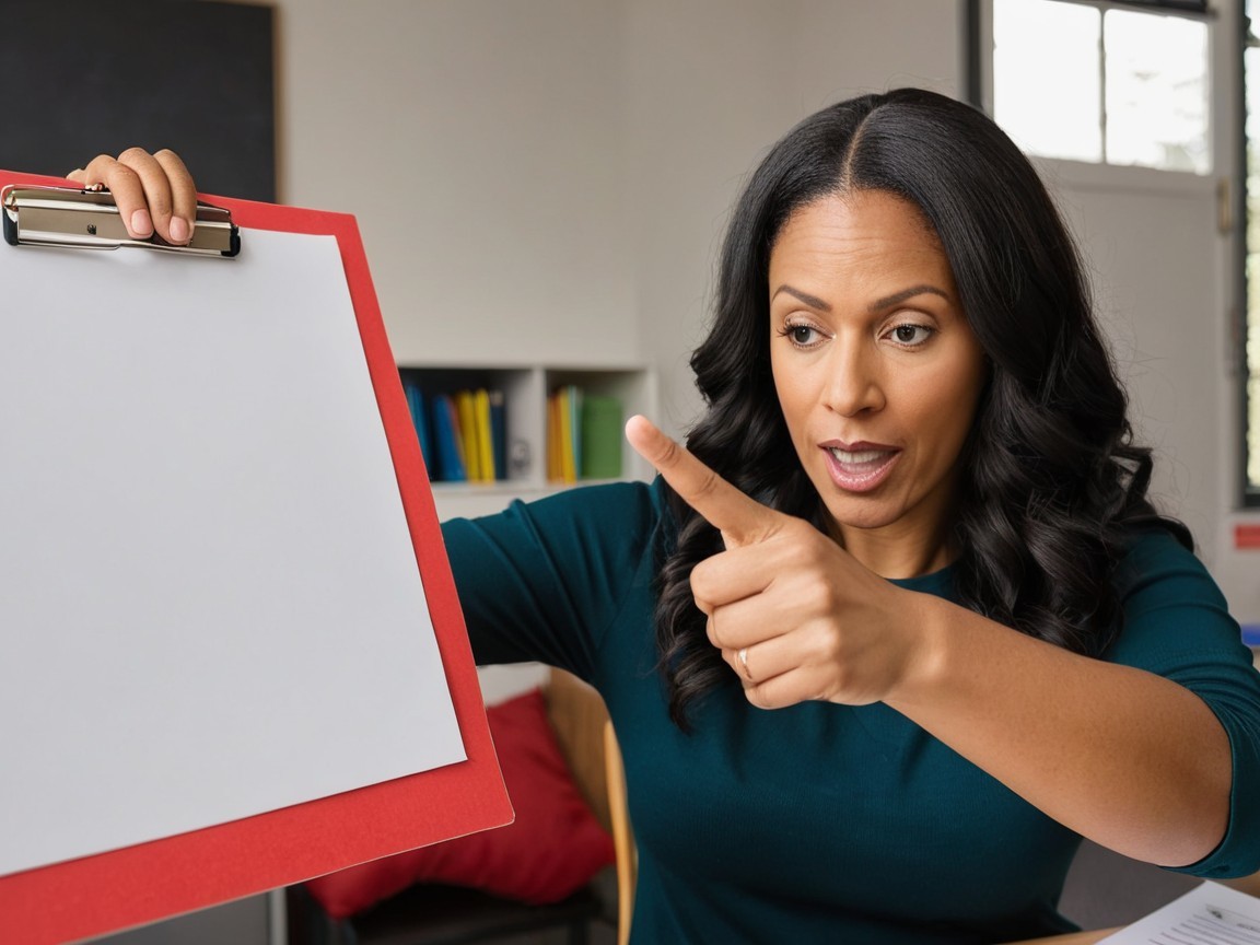 Woman with clipboard gestures in creative setting