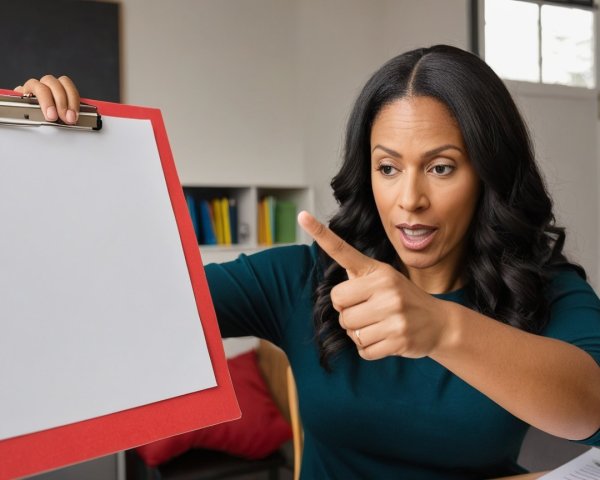 Woman with clipboard gestures in creative setting