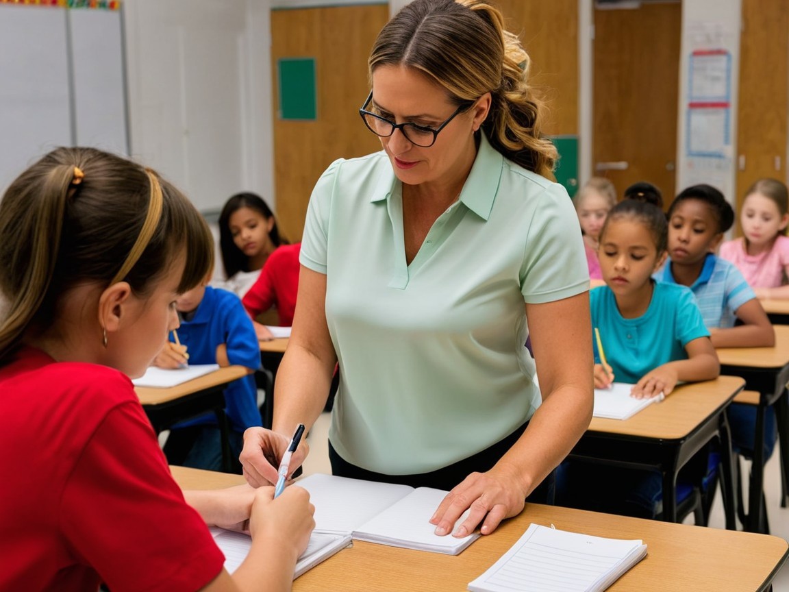 Teacher Assists Student in Colorful Classroom Setting