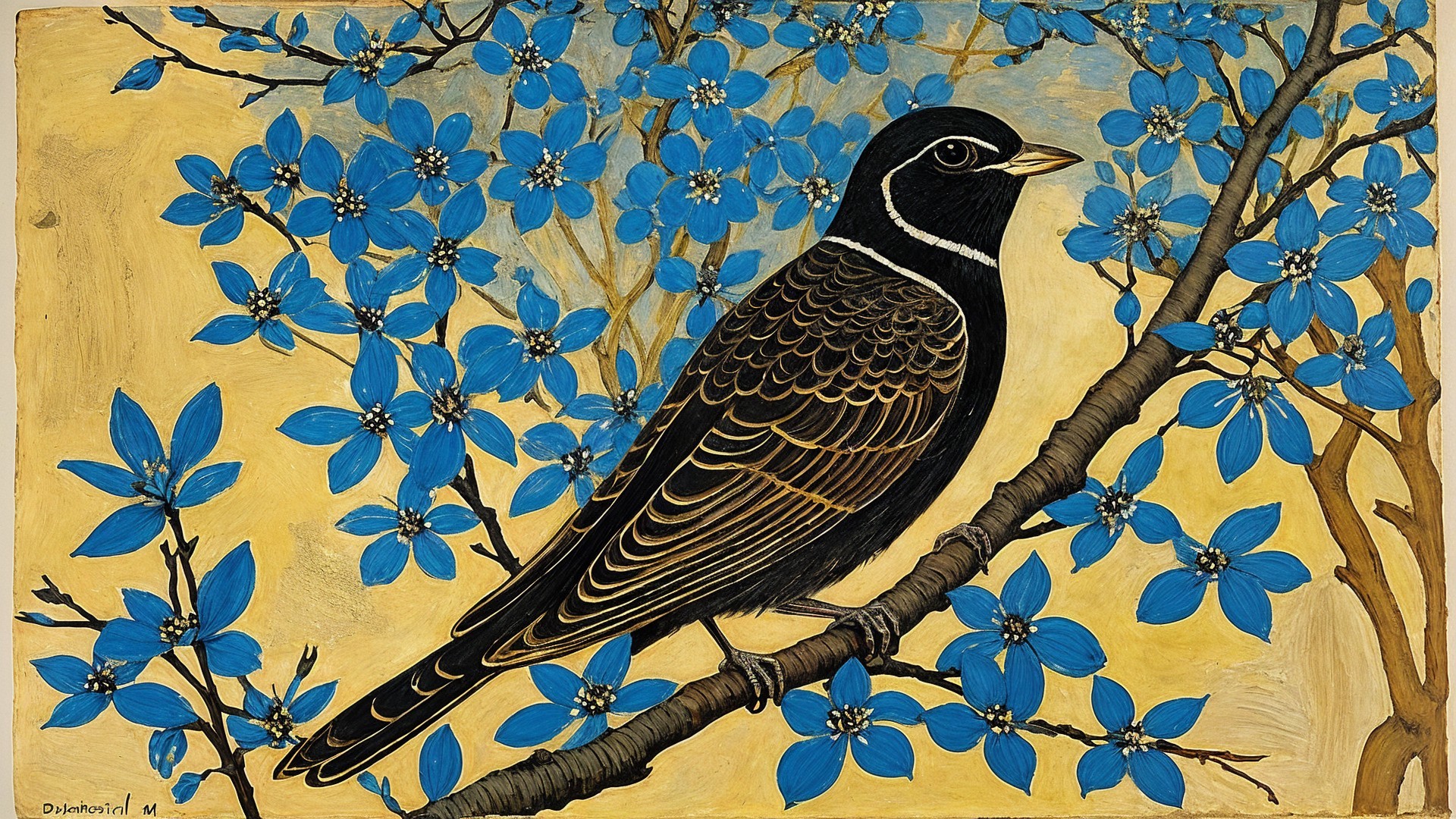 Bird with Black and Brown Plumage Among Blue Flowers