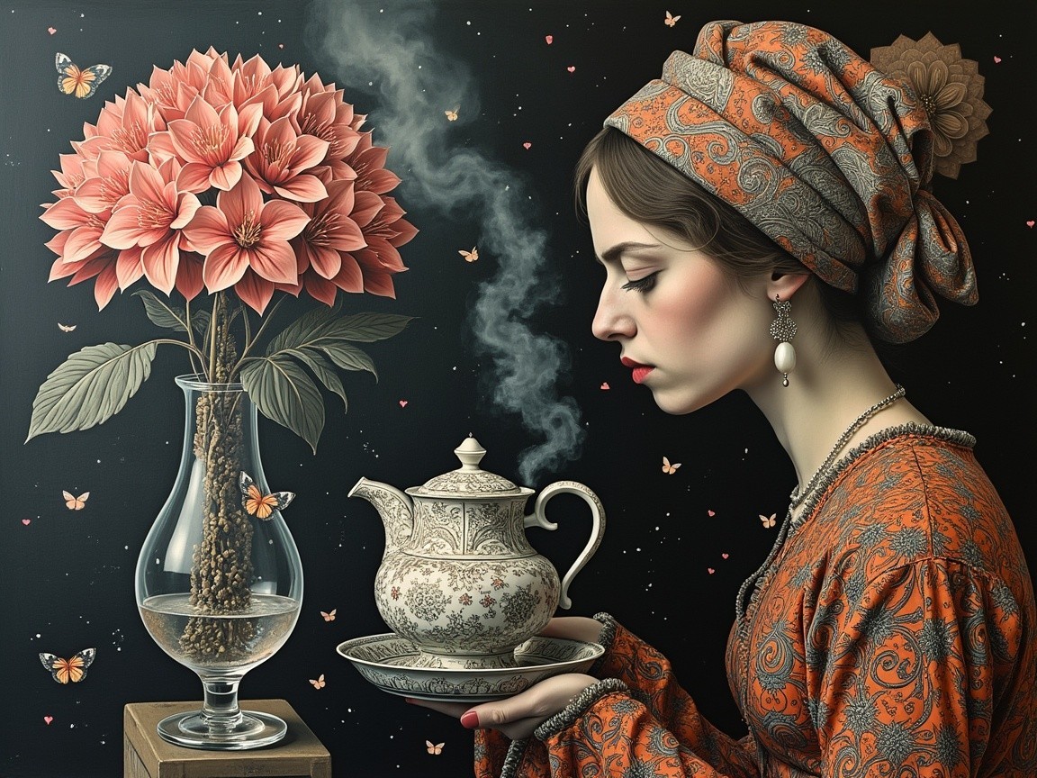 Serene Woman with Teapot and Pink Flowers Background