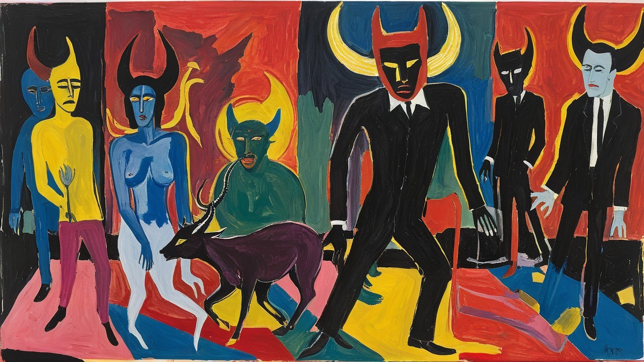 Vibrant Abstract Artwork with Human-Animal Figures