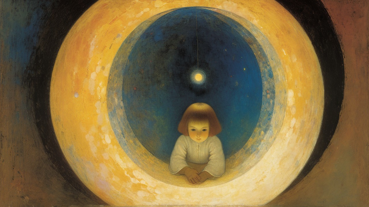 Young girl gazing through a celestial circular frame