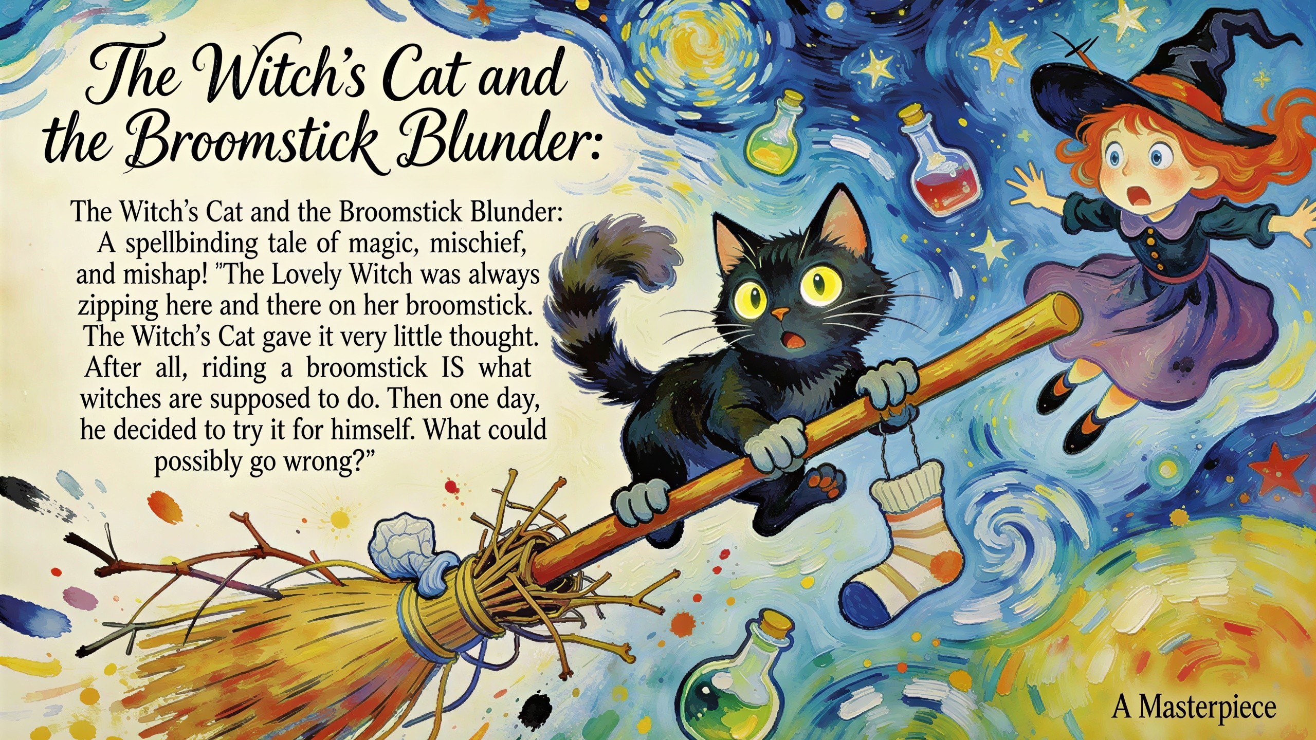 Vibrant Illustration of a Cat and Witch in Flight