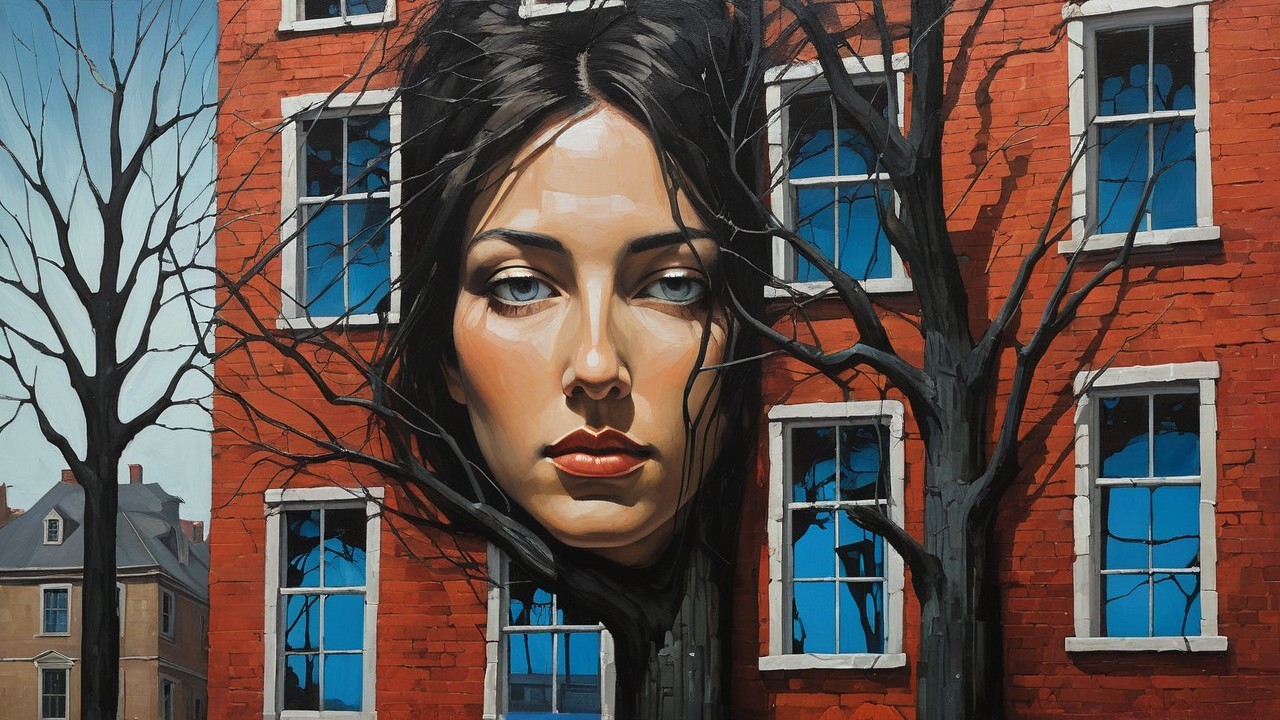 Mural of Woman's Face with Urban and Natural Elements