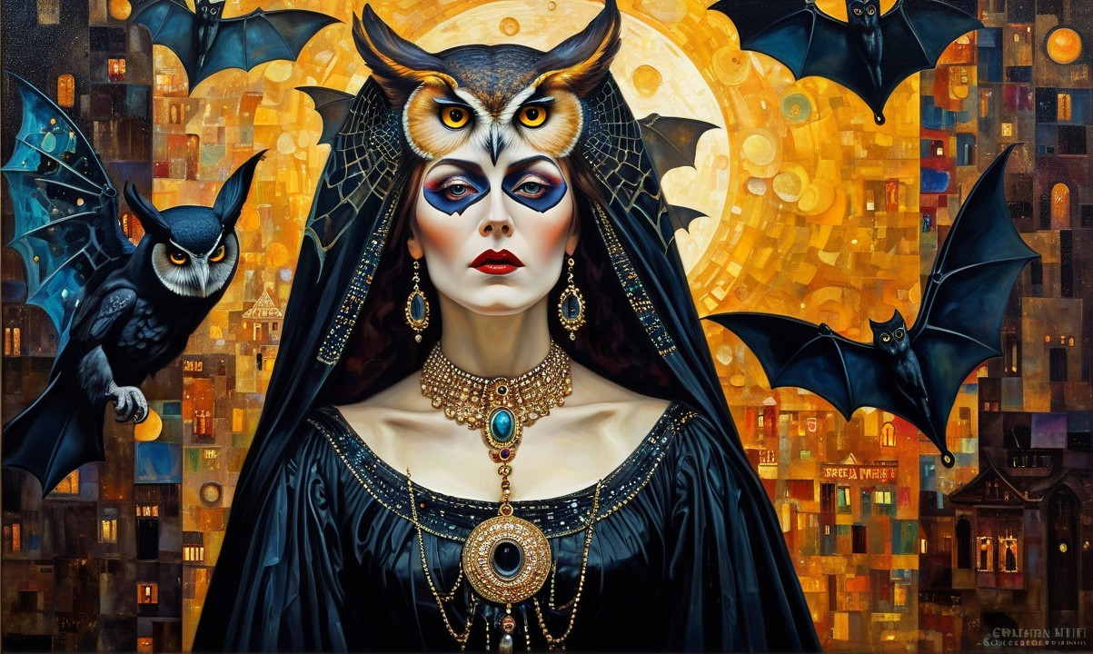 Mysterious Figure in Dark Gown Under Full Moon