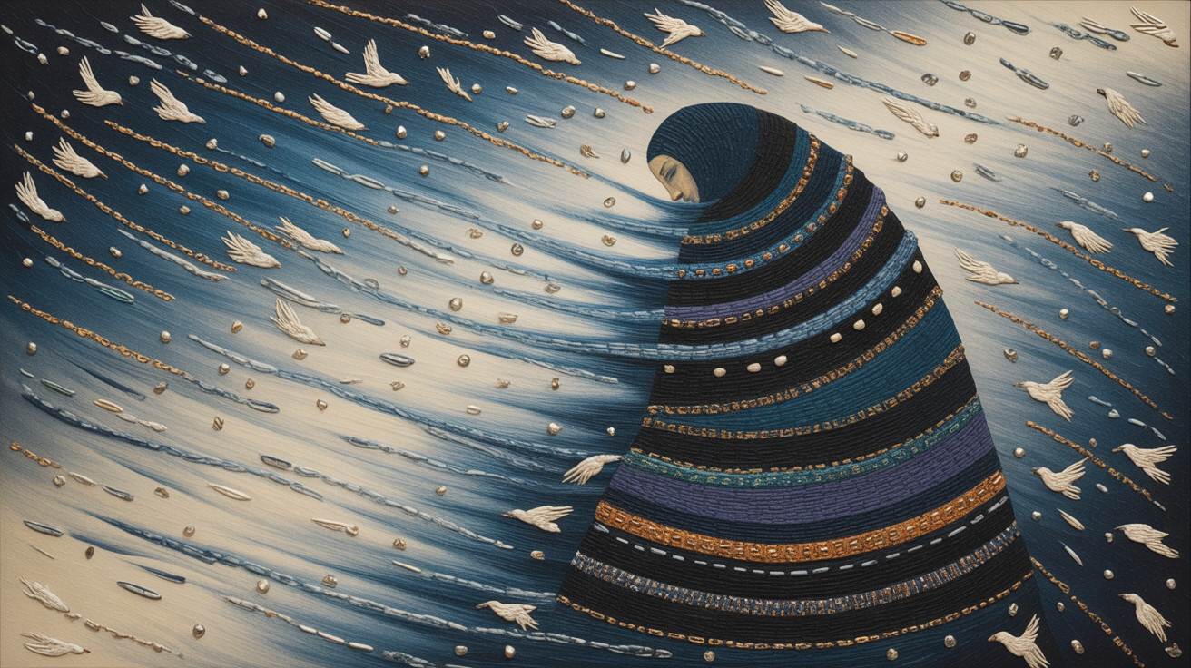 Cloaked Figure in Vibrant Textiles with Soaring Birds